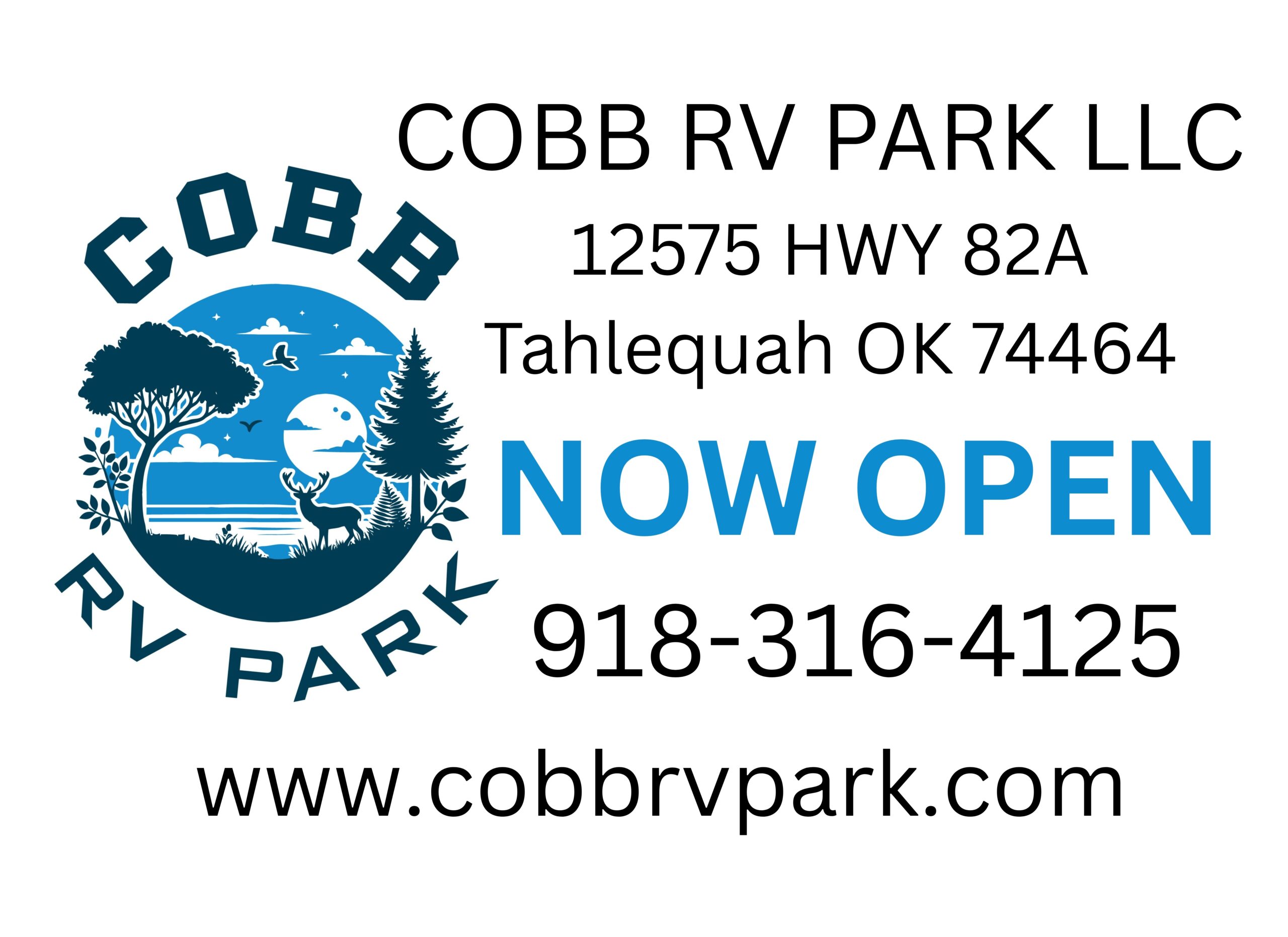 COBB RV PARK LLC sign with park logo, address (12575 HWY 82A, Tahlequah OK 74464), phone number, "NOW OPEN," and website www.cobbrvpark.com.