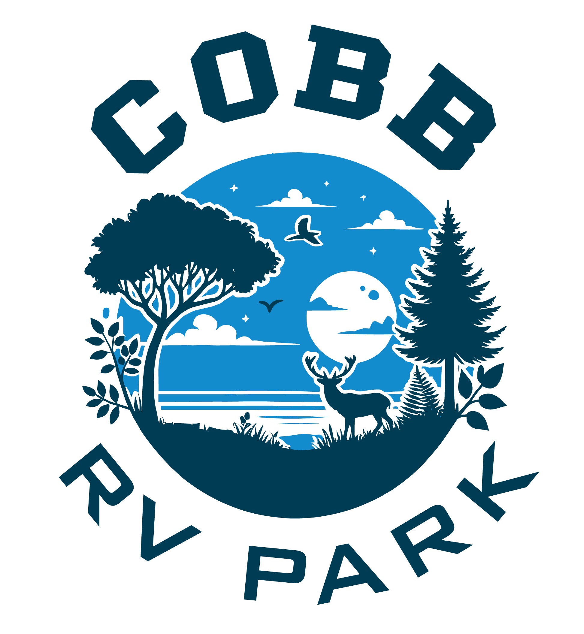 Logo for Cobb RV Park featuring a landscape with trees, a deer, birds, clouds, and a lake under a full moon, all in blue and white.